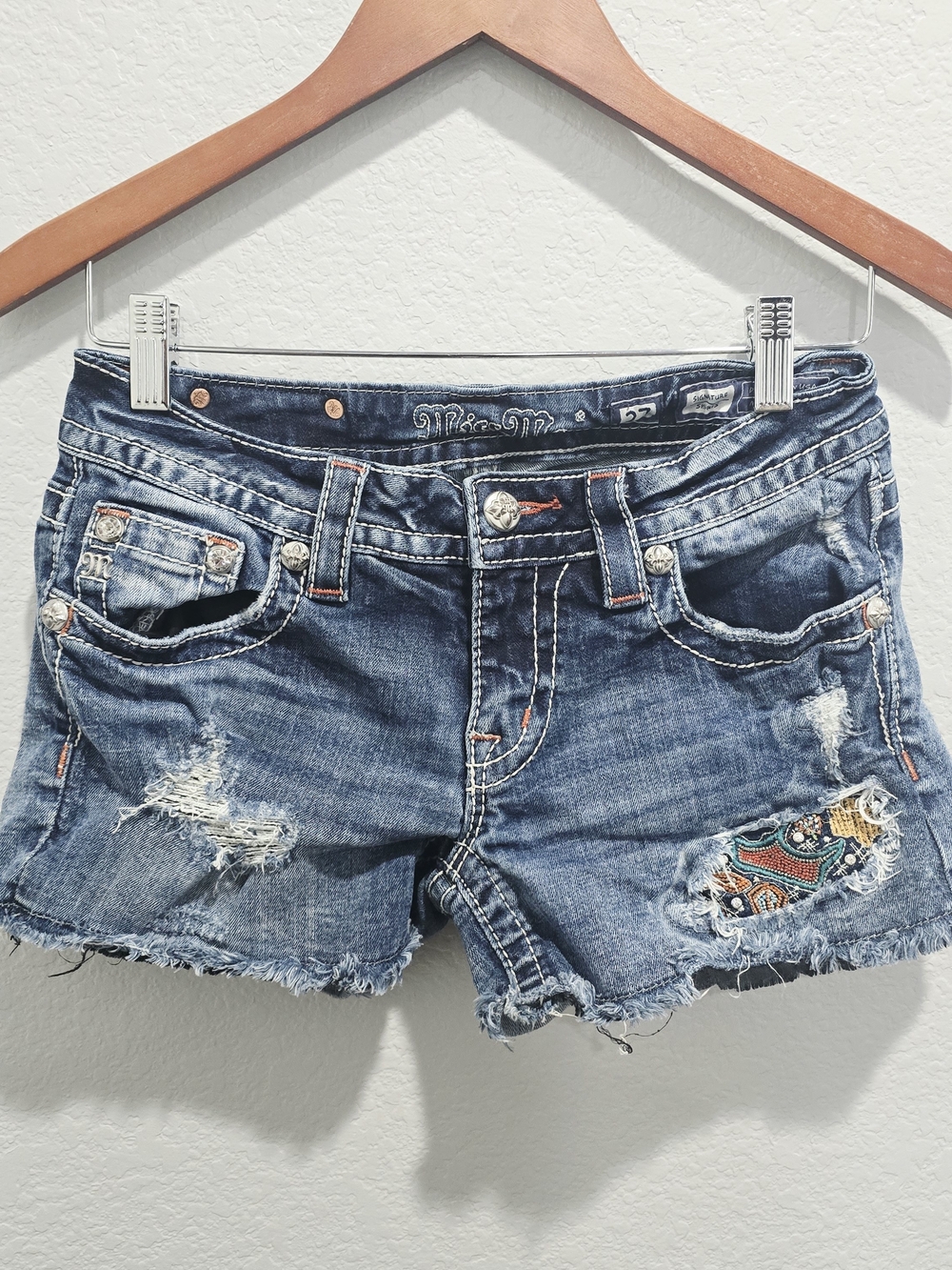Miss Me Women’s Size 27 Denim Shorts Distressed Embroidered Rhinestone Cutoff